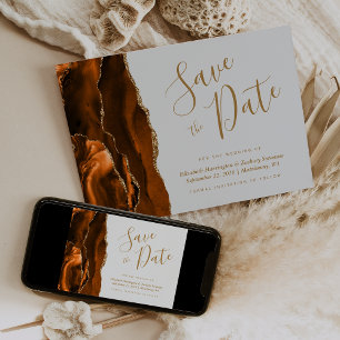 Burnt Orange Gold Agate Plale Gray Save the Date Invitation