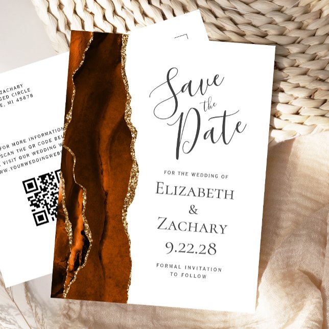 Burnt Orange Gold Agate QR Code Save the Date Announcement Postcard (Creator Uploaded)