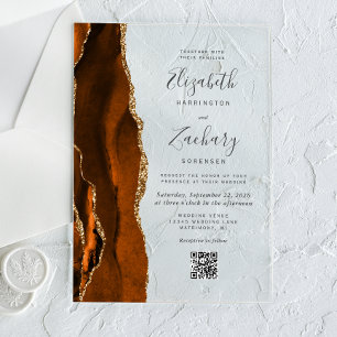 Burnt Orange Gold Agate QR Code Wedding Acrylic Invitations