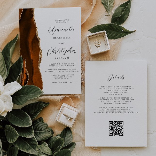 Burnt Orange Gold Agate QR Code Wedding Invitation (Creator Uploaded)