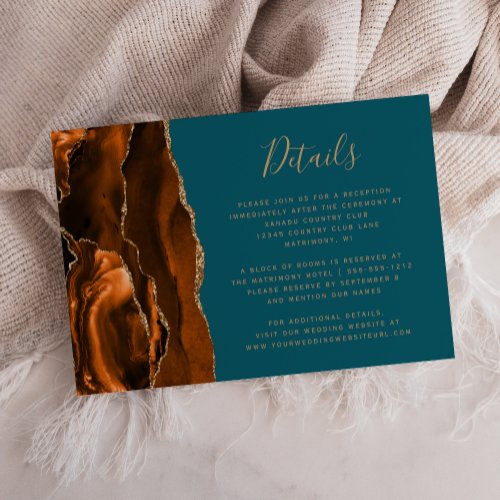Burnt Orange Gold Agate Teal Blue Wedding Details Enclosure Card