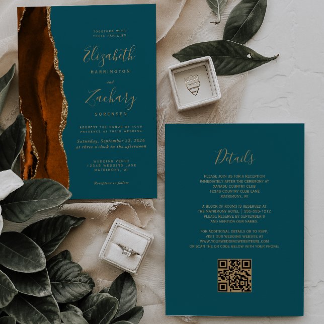 Burnt Orange Gold Agate Teal QR Code Wedding Invitation (Creator Uploaded)