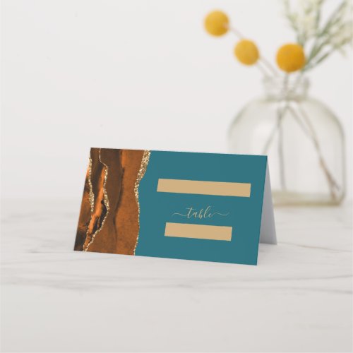 Burnt Orange Gold Agate Teal Wedding Place Card