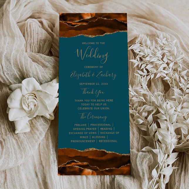 Burnt Orange Gold Agate Teal Wedding Program (Creator Uploaded)