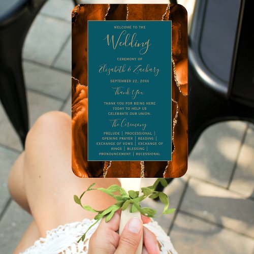 Burnt Orange Gold Agate Teal Wedding Program Hand Fan