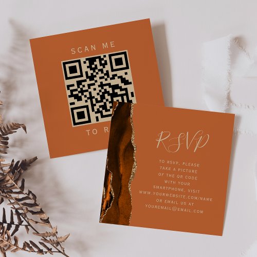 Burnt Orange Gold Agate Wedding QR Code RSVP Enclosure Card