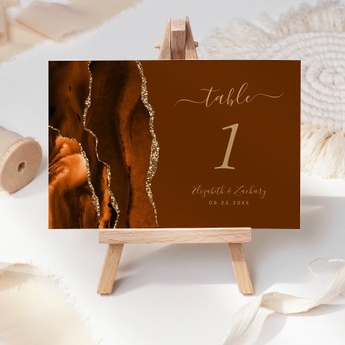 Burnt Orange Gold  Brown Agate Wedding Table Number