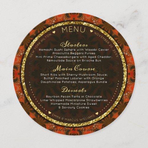 Burnt Orange Gold Eastern Round Wedding Menu Cards