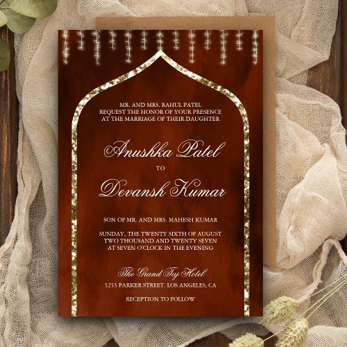 Burnt Orange Gold Ethnic Indian Arch Wedding Invitation