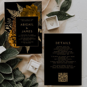 Burnt Orange Gold Floral Black QR Code Wedding Invitation