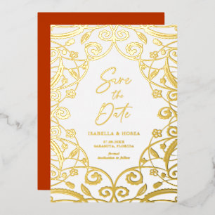 Burnt Orange Gold Floral Leaf Lace Wedding Foil Invitation