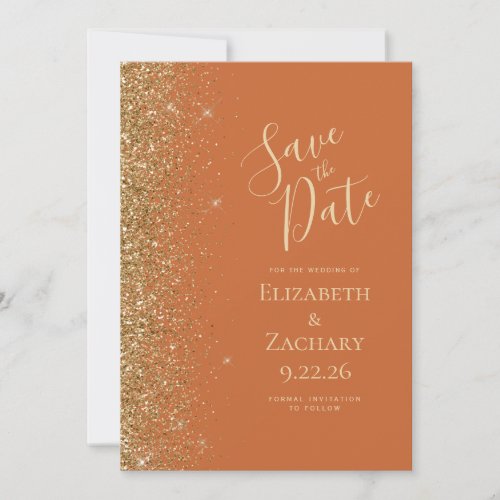 Burnt Orange Gold Glitter Edge Save the Date Announcement