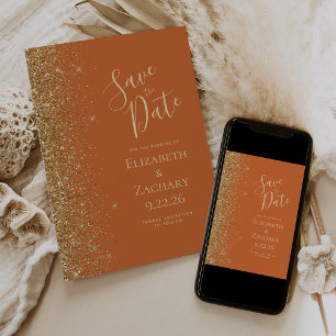 Burnt Orange Gold Glitter Edge Save the Date Announcement