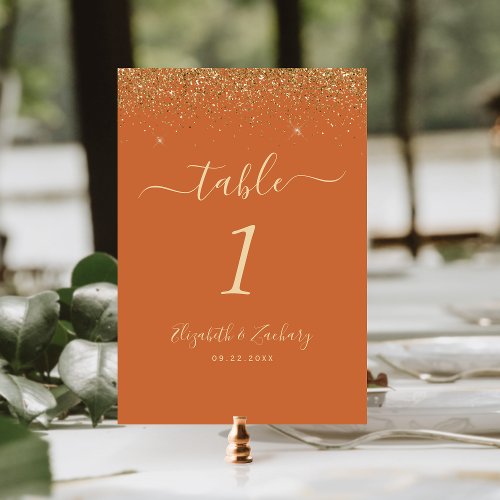 Burnt Orange Gold Glitter Edge Wedding Table Number