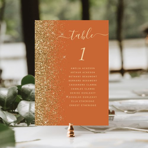 Burnt Orange Gold Glitter Wedding Table Number