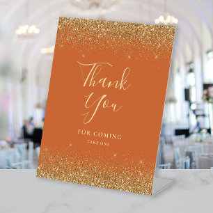 Burnt Orange Gold Glitter Wedding Thank You Pedestal Sign