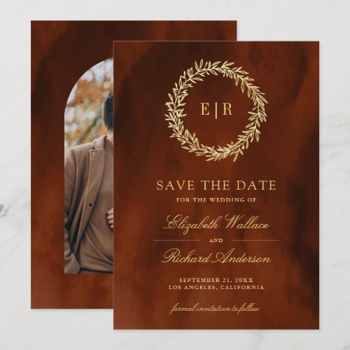 Burnt Orange Gold Leaf Branch Wedding Photo Save The Date