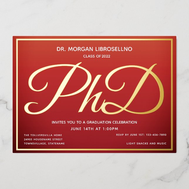 Burnt Orange Gold PhD Graduation Foil Invitation (Front)