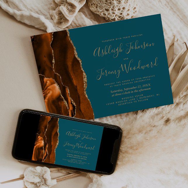 Burnt Orange Gold Teal Blue Wedding Invitation (Creator Uploaded)