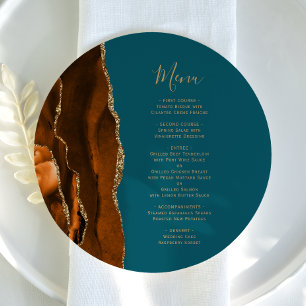 Burnt Orange Gold Teal Round Plate Wedding Menu