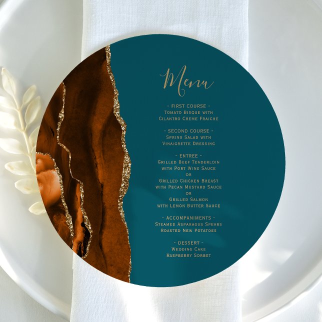 Burnt Orange Gold Teal Round Plate Wedding Menu (Creator Uploaded)