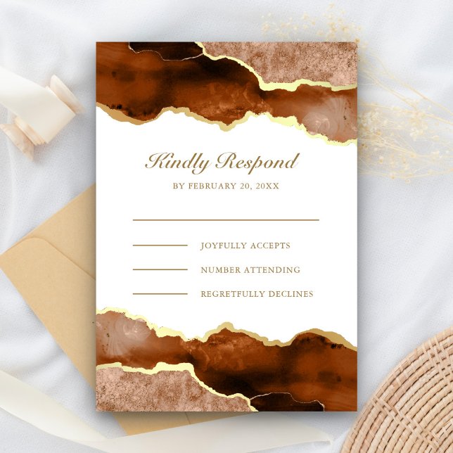 Burnt Orange Gold Terracotta Agate Marble Wedding RSVP Card (Creator Uploaded)