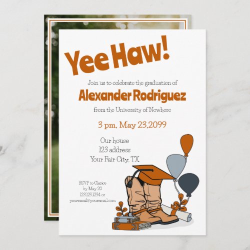 Burnt Orange Grad Cap Cowboy Boot Arrangement Invitation