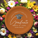 Burnt Orange Graduate Custom Graduation Party Paper Plates<br><div class="desc">These modern burnt orange custom senior graduation party plates features your high school or college name for the class of 2026. Customize with your graduating year under the chic handwritten script and grey grad cap for great formal personalized graduate decor.</div>