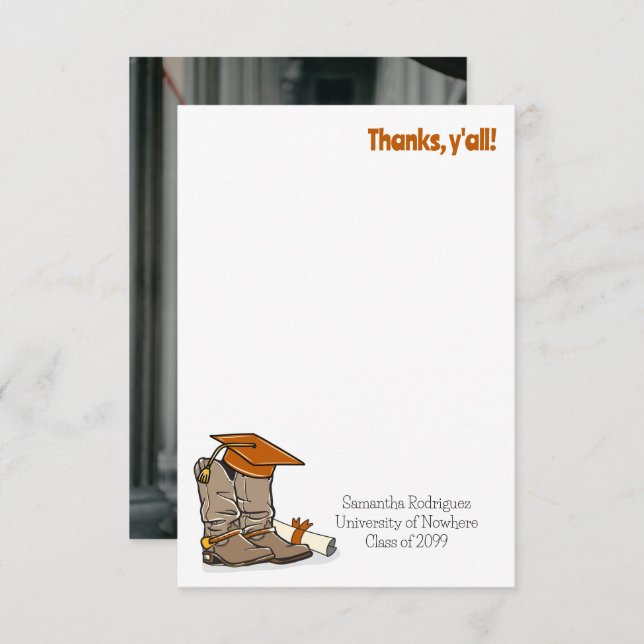 Burnt Orange Graduation Cap and Cowboy Boot Thank You Card (Front/Back)