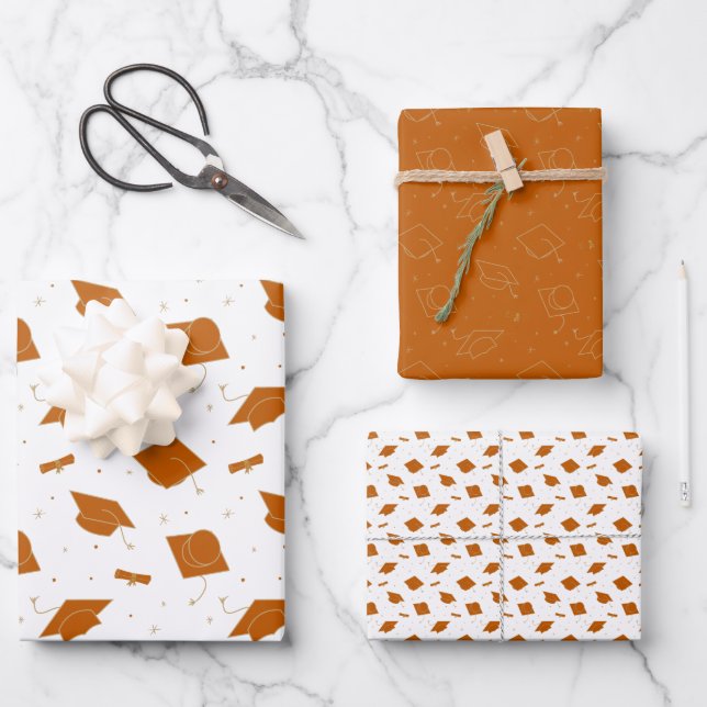 Burnt Orange Graduation Cap Toss Wrapping Paper Sheets (Front)