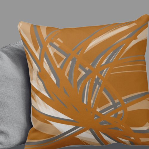 Burnt Orange  Gray Artistic Abstract Ribbons Throw Pillow