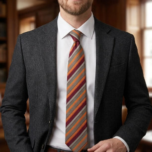 Burnt Orange Gray Charcoal Burgundy Multi-Stripe Neck Tie