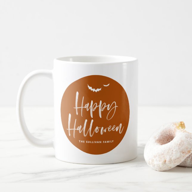 Burnt Orange Happy Halloween Brush Lettering Coffee Mug (With Donut)
