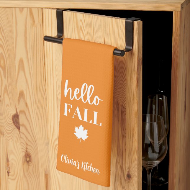 Burnt Orange Hello Fall Personalized Name Custom Kitchen Towel (Thirds Fold)