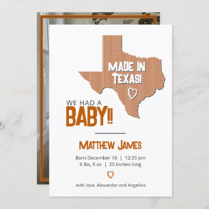 Burnt Orange Herringbone Made in Texas Photo Baby Announcement