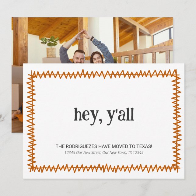 Burnt Orange Hey Y'all - Moved to Texas Announcement (Front/Back)