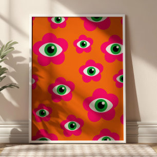 Burnt Orange& Hot Pink Evil Eye Daisies Funky Poster