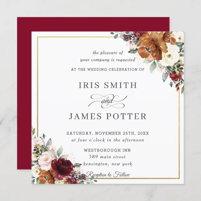 Burnt Orange Ivory Burgundy Floral Wedding Square Invitation | Zazzle