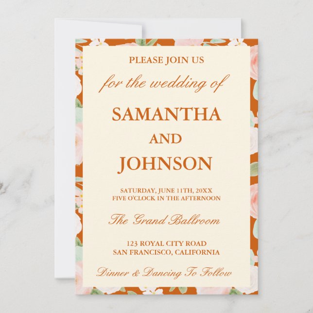 Burnt Orange Ivory Floral Monogram Photo Wedding Invitation (Front)