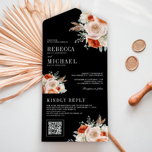 Burnt Orange Ivory Floral QR Code Black Wedding All In One Invitation