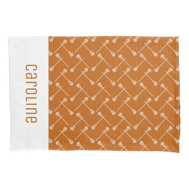 Burnt Orange Lacrosse White Sticks Patterned Pillow Case (Front)