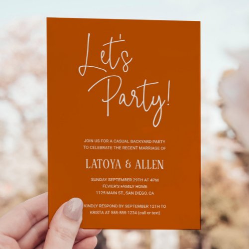 Burnt Orange Lets Party Casual Wedding Reception Invitation