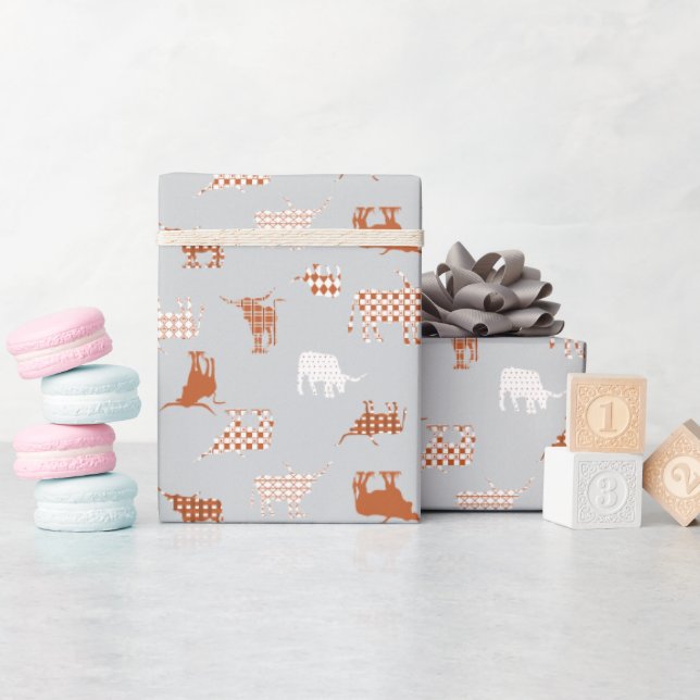 Burnt Orange & Light Gray Patterned Longhorns Wrapping Paper (Baby Shower)