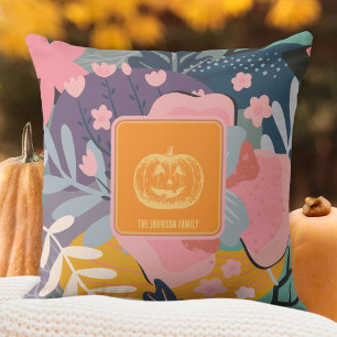 Burnt Orange Lilac Fall Floral Pumpkin Throw Pillow
