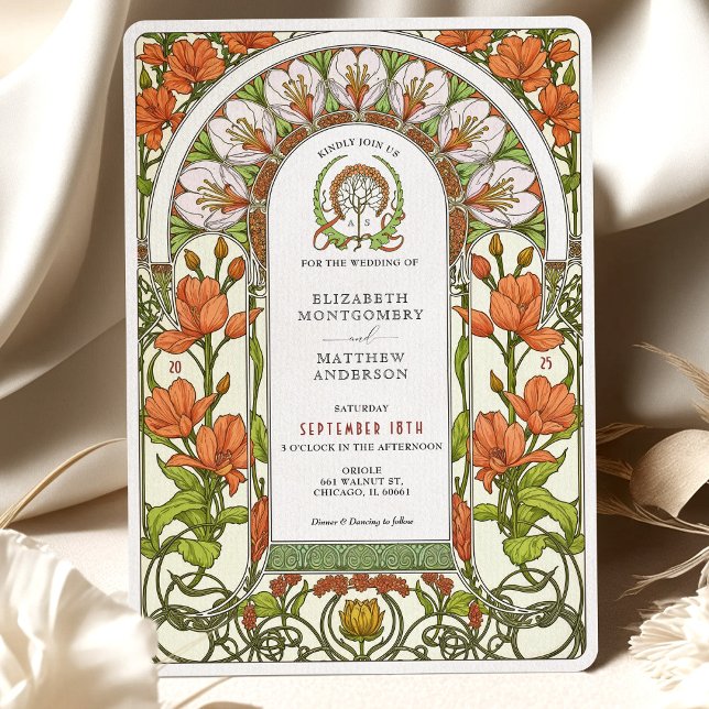 Burnt Orange Lilies Art Nouveau Fall Wedding Invitation (Creator Uploaded)