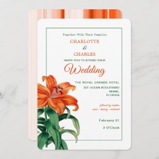 Burnt Orange and Teal Wedding Invitation with Lily floral