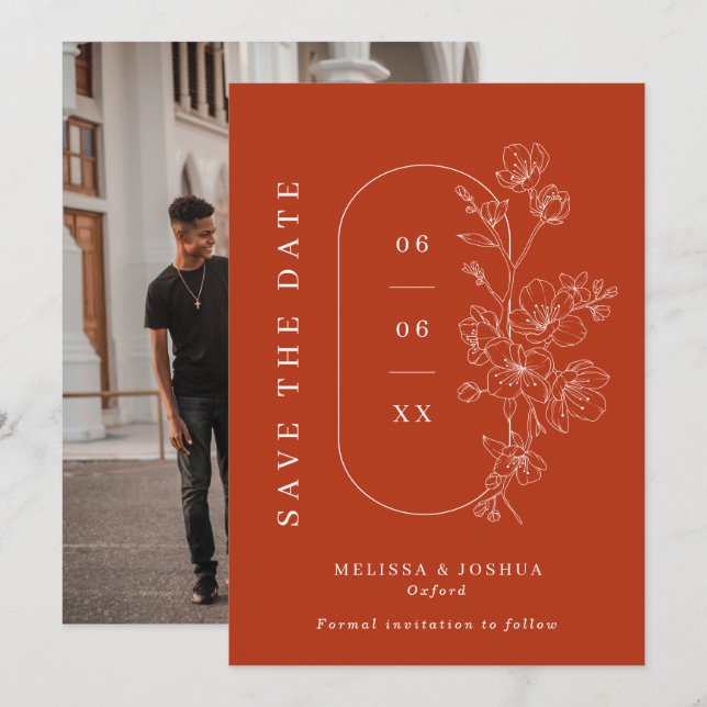 Burnt Orange Line Drawn Floral Photo Wedding Save The Date (Front/Back)