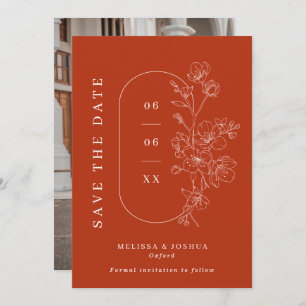 Burnt Orange Line Drawn Floral Photo Wedding Save The Date