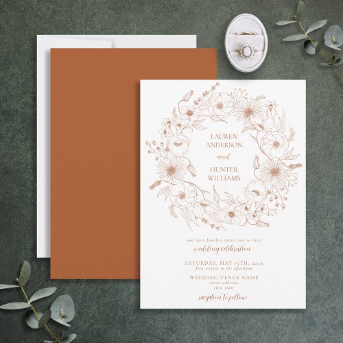 Burnt Orange Lline Art Floral Wreath Wedding Invitation
