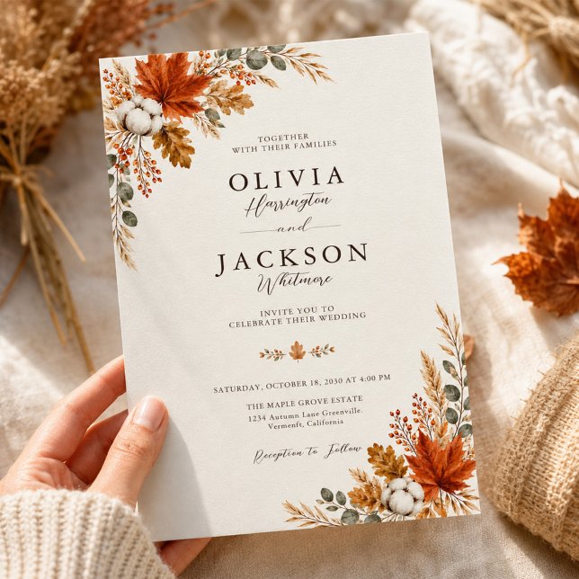 Burnt Orange Maple Leaf Rustic Fall Wedding Invitation (Creator Uploaded)